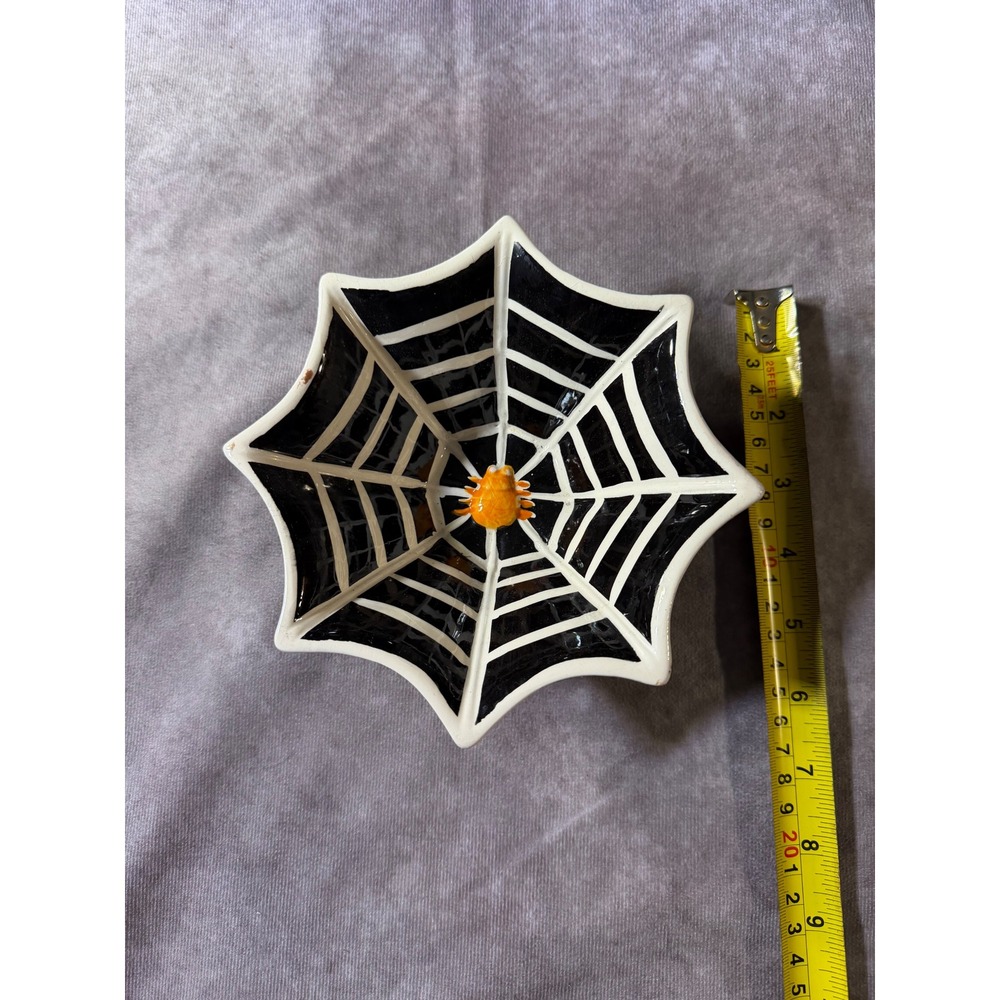 Halloween Spider Web Ceramic Candy Dish Black White Orange Spider Decor Bowl